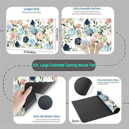 Pink Blue Floral Desk Mat Mousepad Cute Flowers Mouse Pad Gaming XL Large Extended Desk Pad Desk Matt for Desktop, Computer Laptop Keyboard Mouse Mat for Women Office Decor Accessories 31.5x15.7 in