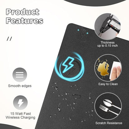 Wireless Charging Mouse Pad Firelison 2 in 1 Leather Multifunctional Office Desk Pad with Non-Slip Rubber Base, Waterproof Desk pad for Computers/Office/Work/Home/Decor（ 32" x 16"Black - L）