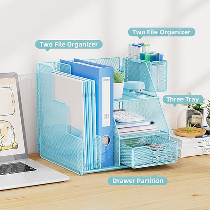 Marbrasse Desk Organizer and Accessories, 3-Tier File Organizer with Drawer and Pen Holder, Small Desktop Organizer and Storage for Workspace Office Supplies Blue
