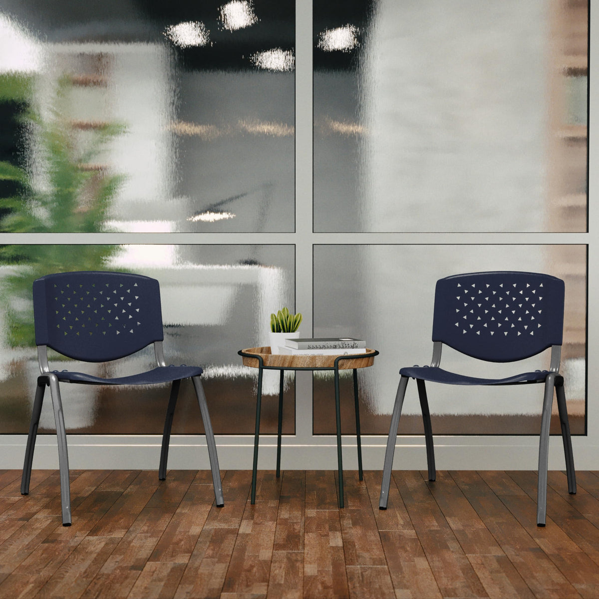 880 lb. Capacity Navy Plastic Stack Chair with Titanium Gray Powder Coated Frame