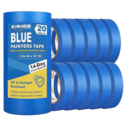 KIWIHUB Blue Painters Tape - 20 Rolls Masking Tape 1 inch Wide, Multi-Surface No Residue Blue Tape for Walls, Painting, Packing & Automotive 0.94 Inch x 1100 Yards