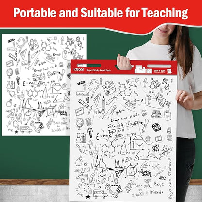 VISCOO Thickened Sticky Easel Pad, 25 x 30 Inches Large Chart Paper for Teachers, 10 Pads Self Stick Easel Paper for White Board, White Sticky Anchor Chart Paper, with Sticky Note, 300 Sheets/10 Pads