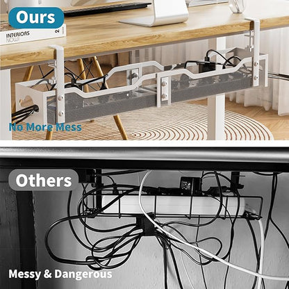 Under Desk Cable Management Tray White, Litwaro Cable Management Under Desk No Drill, 25'' Cable Tray with Clamp for Wire Management, Cord Organizer for Office, Home - No Damage to Table