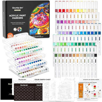 Shuttle Art Automatic Ink Control Acrylic Paint Markers, 60 Colors Brush Tip Acrylic Paint Pens for Rock, Ceramic, Wood, Canvas, Glass, Stone, Fabric, Card Making, DIY Football Crafts, FlipFunAlong