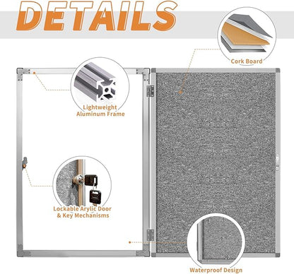 Enclosed Bulletin Board,Outdoor Weatherproof, Display Case Message Board with Acrylic Locking Door, Felt Grey,Aluminum Frame,36x24 Inch (5xA4)