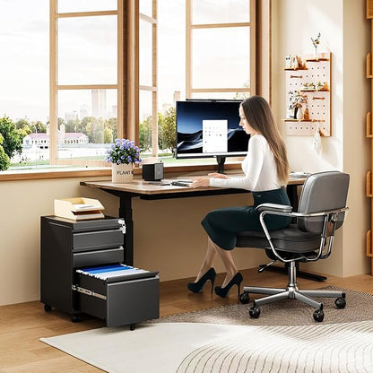 MIIIKO File Cabinet 3 Drawers on Wheels Under Desk, Black Metal Rolling File Cabinets with Lock for Home Office, Un-Assembled Filing Cabinet with Lock