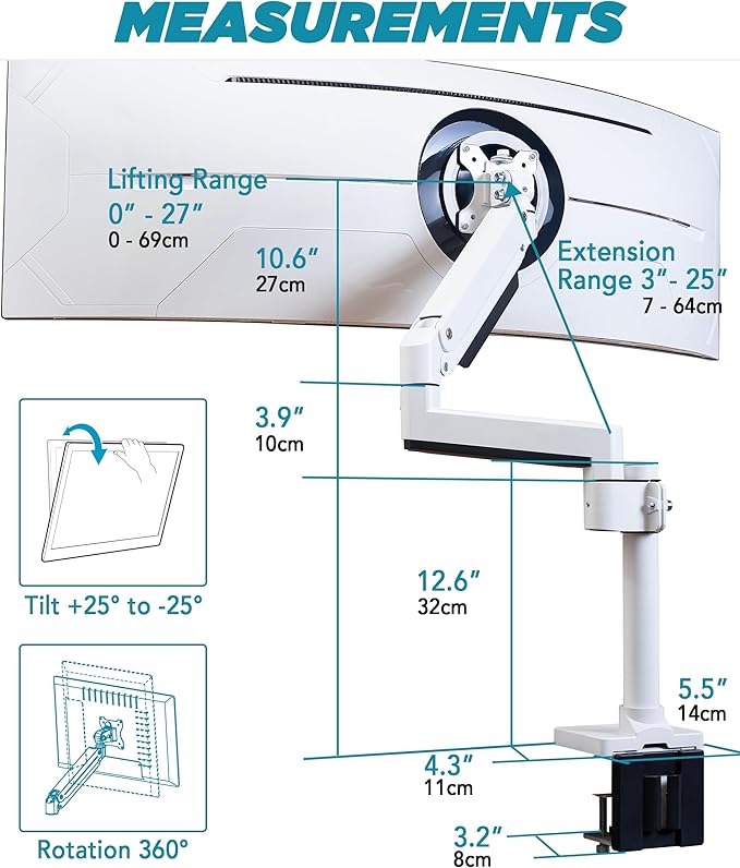ULTRARM Heavy Duty Monitor Arm for Ultrawide Monitors up to 57" and 44 lbs, Single Desk Stand, Pneumatic Height Adjustable, Modular Extension Arms - Max VESA 100x100, White, MA20PW-S