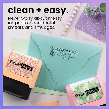 ExcelMark Address Stamp - Custom Return Address Stamp with Elegant Designs, Vibrant Colors & Patterns – Perfect for Mail, Invitations & Gifts (Violet Mount, Foliage Edge)