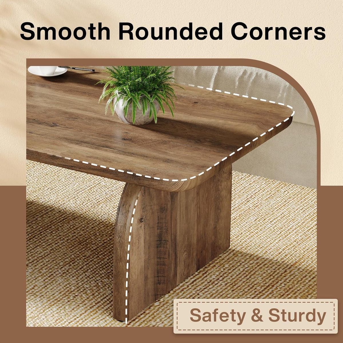 Rectangle Coffee Table, 47-Inch Wood Rectangular Living Room Table, Farmhouse Accent Center Low Cocktail Tea Table with Sturdy Base & Rounded Corners, Easy Assembly (Rustic Brown)