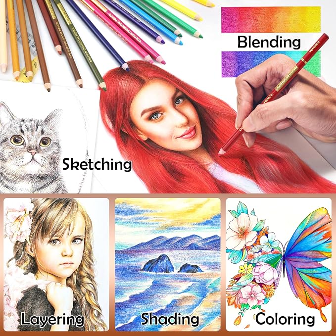 KALOUR PDAS 24 Premium Colored Charcoal Pencils Drawing Set, Quality Pastel Chalk Pencils, Skin Tone Colored, for Coloring, Sketching, Drawing, Layering & Blending for Beginners & Artists