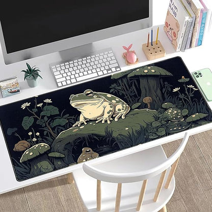 Kawaii Mushroom Cute Frog Desk Mat Anime Gaming Mouse Pad Dark Green Forest Mousepad XXL, Large Extended Laptop Keyboard Mouse Mat Desk Pad 31.5x15.75 in, Non-Slip Rubber Base with Stitched Edges