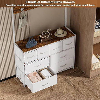 YKVIQBY 8 Drawer Dresser with 6 Double Hooks, 68.9" Tall Closet Organizer and Storage, Fabric Dresser for Bedroom, Nursery, Closet, Space-Saving Freestanding Storage Cabinet (White)