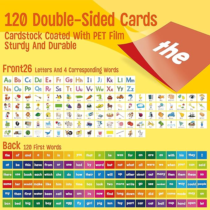 Desktop Pocket Chart, 120 Dry-Erase Double Sided Cards Includes 26 Letters with Images and 120 First Words, Self-Standing Tabletop Pocket Chart for Kids Teacher Classroom Home Use (13 X 12inch)
