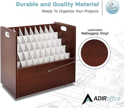 Adir Blue Print Storage Organizer - Mobile Roll File Cart, Construction Plan Holders, Blueprint Cabinet with Wheels, Roll Files Storage for Office and Home (50 Slots, Mahogany)
