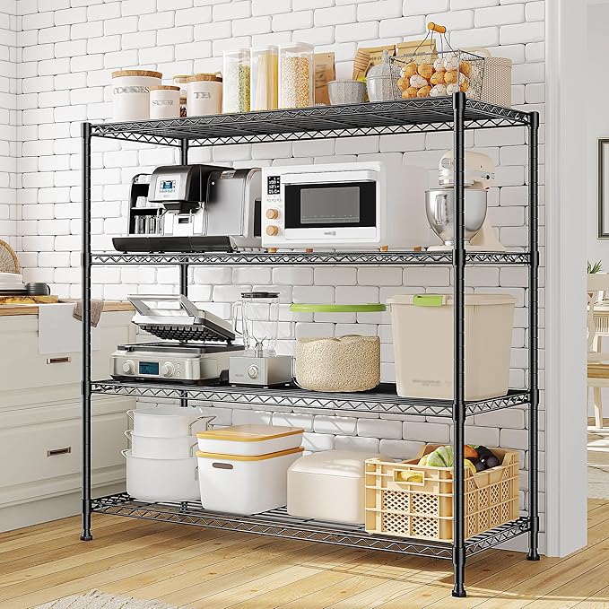 45 "W Metal Shelving Unit 4 Tier Storage Shelves Adjustable Wire Shelving Metal Shelf Pantry Shelves Wire Rack Commercial Shelving for Kitchen Pantry Utility Room Garage 45 "W x 59.4 "Hx 13.5" D Black