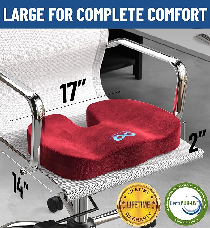 Everlasting Comfort Doctor Recommended Memory Foam Seat Cushion for Office Chairs & Car - Ergonomic Office Desk Accessories - Cushions for Tailbone Pain Relief, Sciatica (Red, Large)
