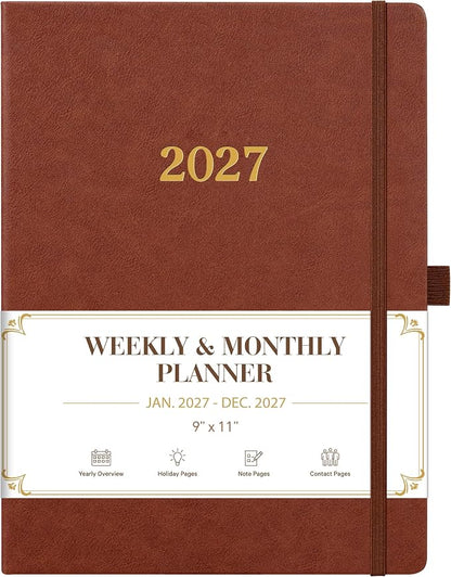 Vondafe 2027 Planner Weekly and Monthly, Jan. 2027 - Dec. 2027, 9" x 11" | Inner Pocket + Elastic Closure + Pen Loop + Bookmarks, Leather Hardcover, Brown, Calendar Planner 2027 for office planning
