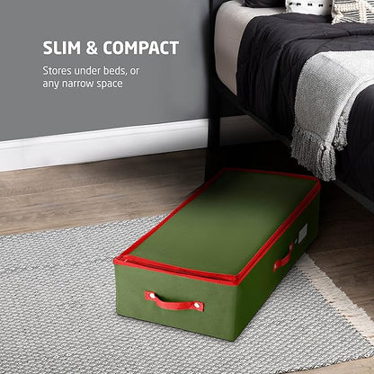 ZOBER Underbed Christmas Ornament Storage Box - Stores 72 Large 4" Ornaments, With Dividers - Tear Proof 600D Oxford Fabric, Ornament Organizer Storage Box, Durable Christmas Containers Holder - Green