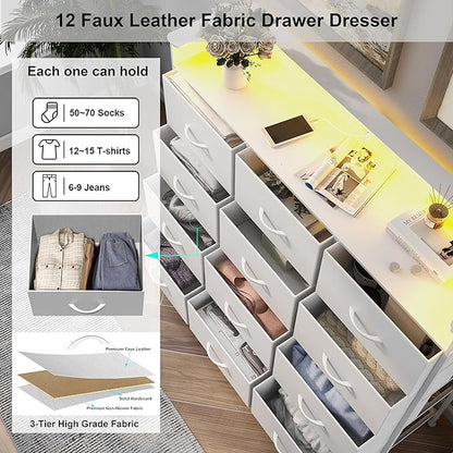 Welfuturer White Dresser with LED Lights and Charging Station for Bedroom 12 Drawers Dressers & Chest of Drawers Tall Dressers for Hallway Entryway Closets Living ROM Sturdy Steel Frame Wood Top