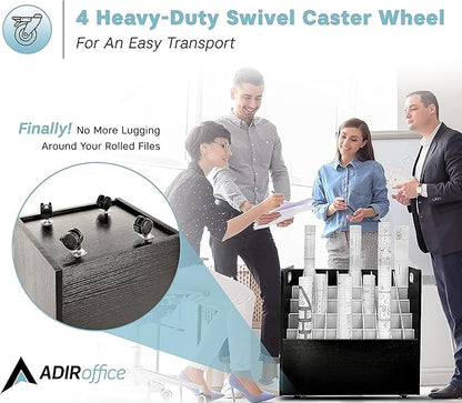 Adir Blue Print Storage Organizer - Mobile Roll File Cart, Construction Plan Holders, Blueprint Cabinet with Wheels, Roll Files Storage for Office and Home (50 Slots, Black)