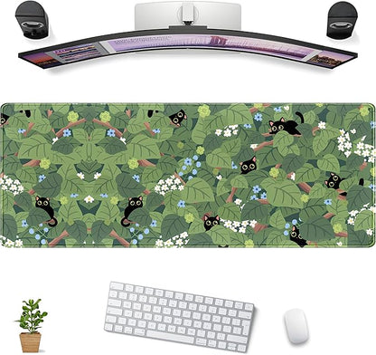 Green Mousepad Desk Mat Cute Anime Black Cat Kawaii Mouse Pad Gaming XL Large Extended Sage Leaves Desk Matt for Desktop, Computer Keyboard Mouse Mat for Women Office Decor Accessories 31.5x11.8 in