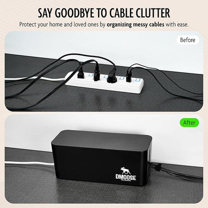 DMoose Cable Management Box - 2 Pack Medium & Large Cord Organizer for Desk & Floor, Cable Organizer Box for Child & Pet - Cable Box Hider for Tidy Office & Home, Power Strip Cover (Black - Pack of 2)