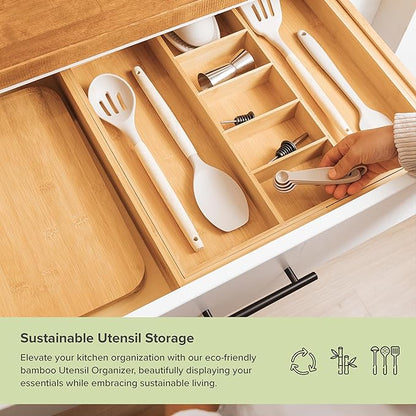 KitchenEdge Adjustable Kitchen Drawer Organizer for Utensils and Junk, Food-Safe Contract Grade with 100% Sustainable Wood, Expandable from 19 to 33 Inches Wide - Natural Bamboo