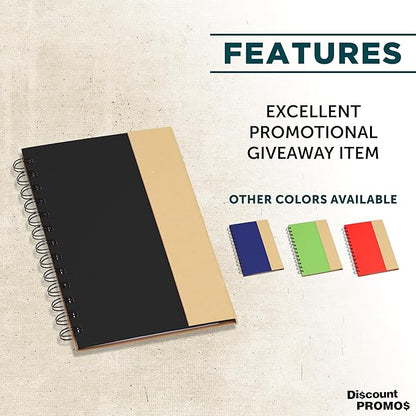 DISCOUNT PROMOS Eco Friendly Spiral Notebooks with Pens Set of 10, Bulk Pack - Perfect for School, Office, Home - Black