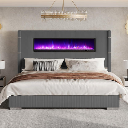 King Bed Frame with Fireplace, Upholstered Headboard, Dark Gray