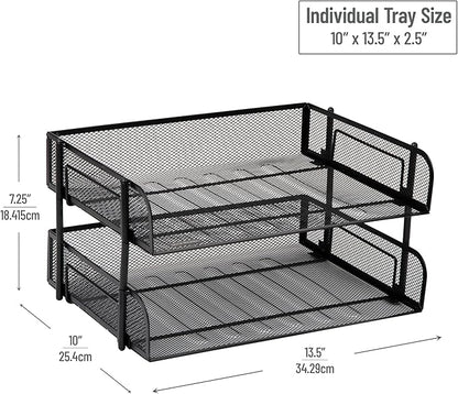Mind Reader Stackable Paper Tray, Desktop Organizer, File Storage, Office, Metal Mesh, 13.5" L x 10" W x 7.25" H, 2 Pcs., Black