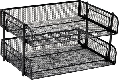 Mind Reader Stackable Paper Tray, Desktop Organizer, File Storage, Office, Metal Mesh, 13.5" L x 10" W x 7.25" H, 2 Pcs., Black