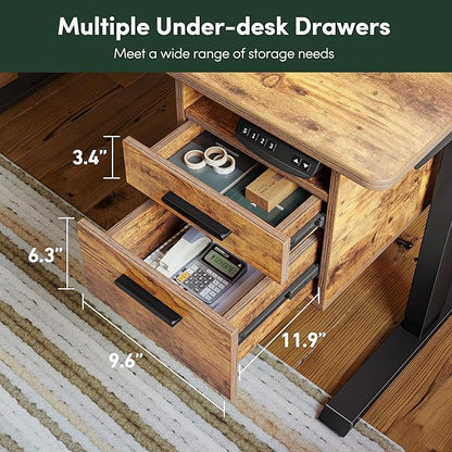 FEZIBO Electric Standing Desk 48 x 24 Inch with Monitor Shelf, 3 Drawers and Open Storage, Home Office Computer Workstation, Rustic Brown, 2 Packages