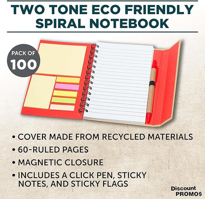 DISCOUNT PROMOS Custom Eco Friendly Spiral Notebooks with Pens Set of 100, Personalized Bulk Pack - Perfect for School, Office, Home - Red