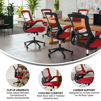 Mid-Back Red Mesh Swivel Ergonomic Task Office Chair with Flip-Up Arms