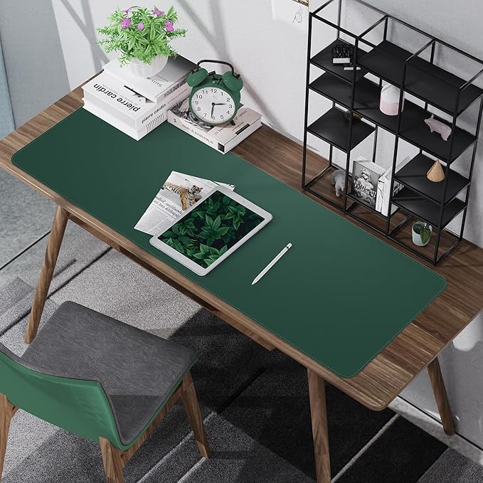 AFIING Leather Desk pad Protector, Large Non-Slip Office Desk Mat with Natural Cork & PU Leather, Waterproof Writing Mouse Pad for Office and Home (55in*17in,Dark Green)