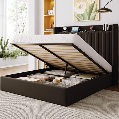 Full Lift Up Storage Hydraulic Bed Frame,Charging Station,Black