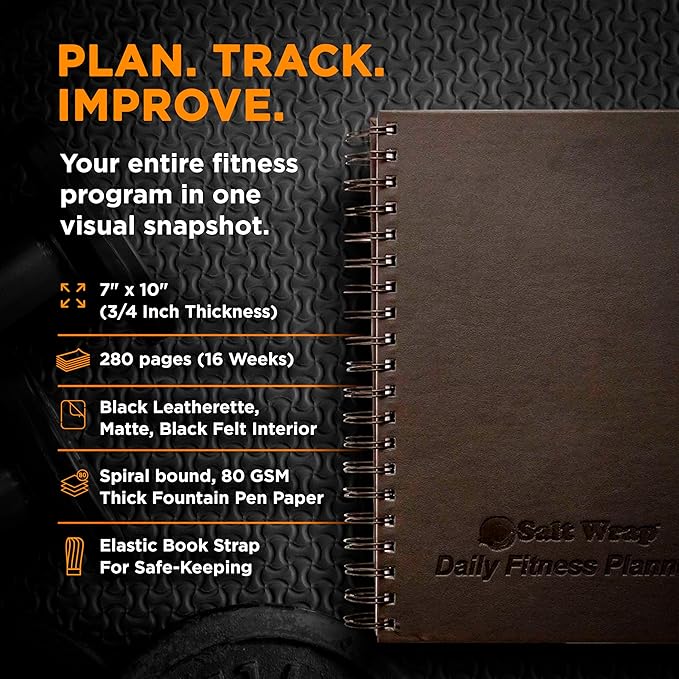 SaltWrap Daily Fitness Planner - Gym Workout Training Log, Weightlifting Exercise Journal, and Food/Diet Tracker - Daily and Weekly Pages, Goal Tracking, Spiral-Bound, 7 x 10 inches