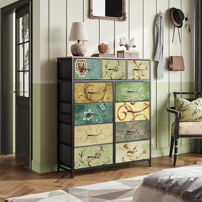 WLIVE Tall Dresser for Bedroom, Fabric Dresser Storage Tower, Chest of Drawers Organizer Unit with 11 Drawers, Storage Cabinet, Hallway, Closets, Steel Frame, Wood Top, Vintage,Floral Painted