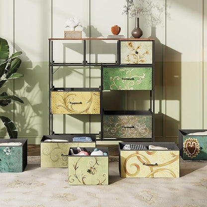 WLIVE Tall Dresser for Bedroom, Fabric Dresser Storage Tower, Chest of Drawers Organizer Unit with 11 Drawers, Storage Cabinet, Hallway, Closets, Steel Frame, Wood Top, Vintage,Floral Painted
