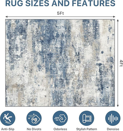 Office Chair Mat for Hardwood Tile Floor, Abstract 48"X 60" Desk Mats for Office Chair on Rolling Chairs Carpet, Desk Anti-Slip 1/5" Thick Rug for Computer Chair, Thin Low-Pile Floor Mat, Navy Beige