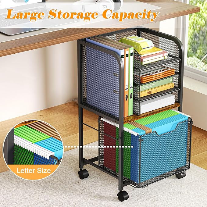 5-Tier Rolling File Cart Under Desk with Drawers, File Cabinet Organizer for Hanging File Folders, Letter-Size File Storage with Wheels, Multi-Layer Mobile Filing Cabinet for Under Desk Storage