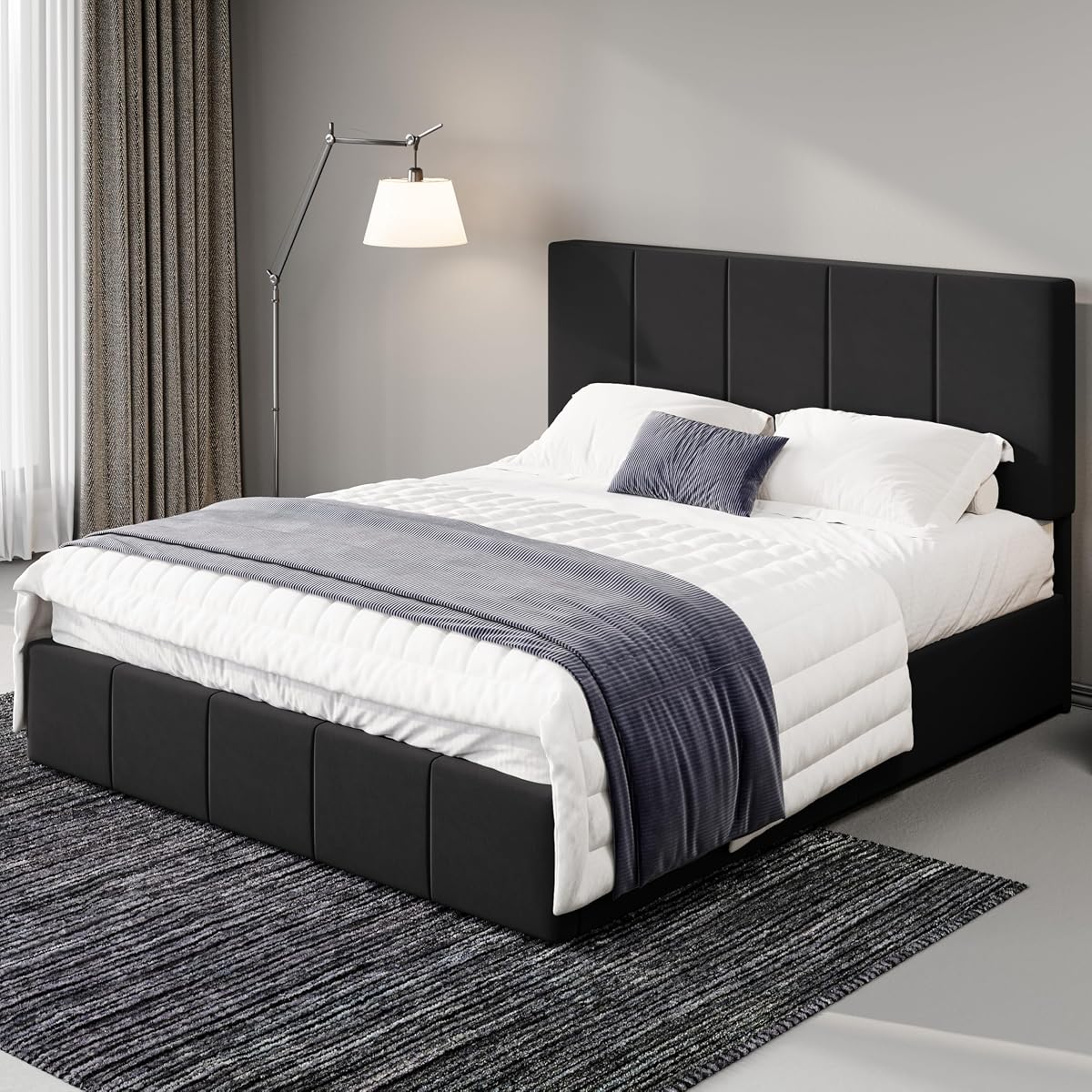 Full Size Dutch Velvet Upholstered Platform Bed Frame/Vertical Channel Tufted Adjustable Headboard/Low Profile Bed Frame/No Box Spring Needed/Easy Assembly/Black