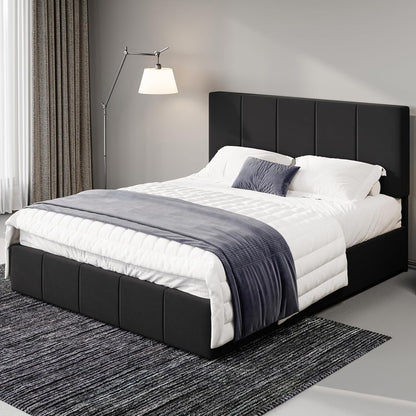 Full Size Dutch Velvet Upholstered Platform Bed Frame/Vertical Channel Tufted Adjustable Headboard/Low Profile Bed Frame/No Box Spring Needed/Easy Assembly/Black