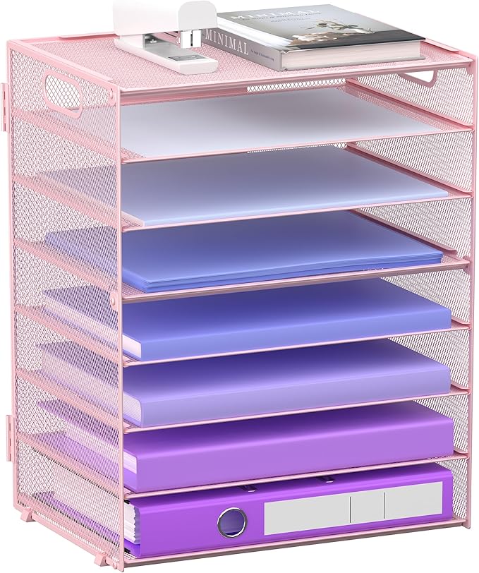 8 Tier Paper Letter Tray Organizer with Handles, Mesh Desk File Holder Storage Organization for Home School Classroom & Office (Pink)