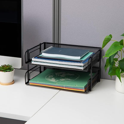 Mind Reader Stackable Paper Tray, Desktop Organizer, File Storage, Office, Metal Mesh, 13.5" L x 10" W x 7.25" H, 2 Pcs., Black