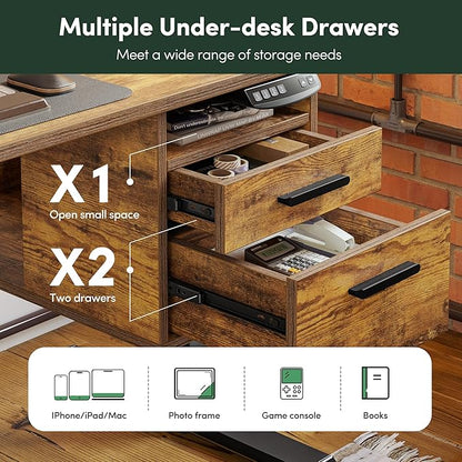 FEZIBO Electric Standing Desk 48 x 24 Inch with Monitor Shelf, 3 Drawers and Open Storage, Home Office Computer Workstation, Rustic Brown, 2 Packages