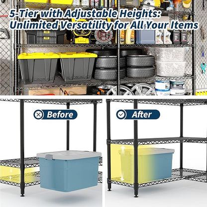 MilleLoom 5-Tier Storage Shelves, 60"W Metal Shelving Unit Heavy Duty Adjustable Garage Corner Wire Rack, H-Shaped/L-shaped Shelf for Kitchens, Pantry Rooms, Basement Storage,13.8"D x 60"W x 70.5"H
