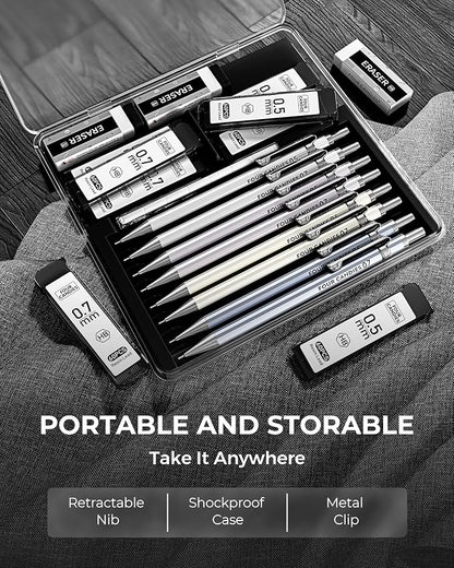 8PCS Metal Mechanical Pencil Set, 0.5mm & 0.7mm, Pack with Storage Case | 480 Leads, 3 Erasers+9 Refills, for School Writing, Sketching, Art Drawing & Professional Drafting