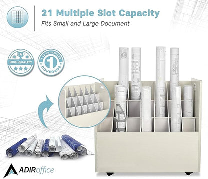 AdirOffice Adir Blue Print Storage Organizer - Mobile Roll File Cart, Construction Plan Holders, Blueprint Cabinet with Wheels, Roll Files Storage for Office and Home (21 Slots, White)