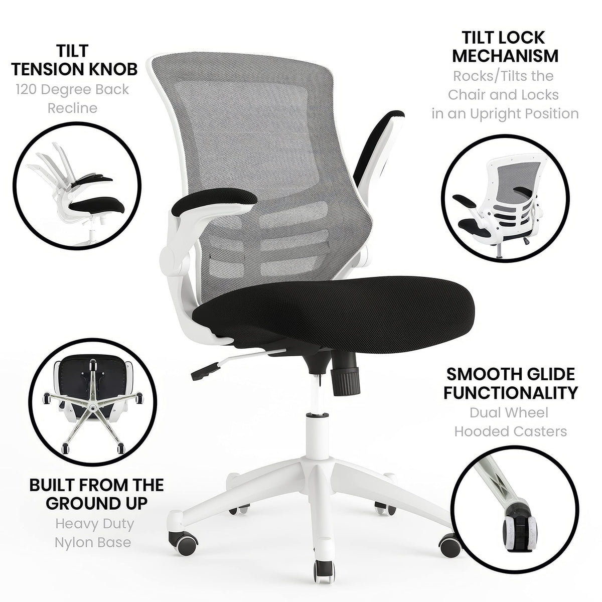 Office Chair, Ergonomic, Mid-Back, White Frame, Black Mesh with Swivel